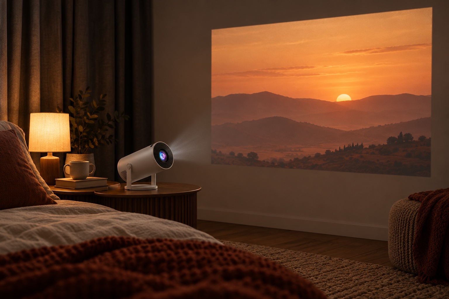 Illustrative HY300 sunset projection in a warm, dim bedroom