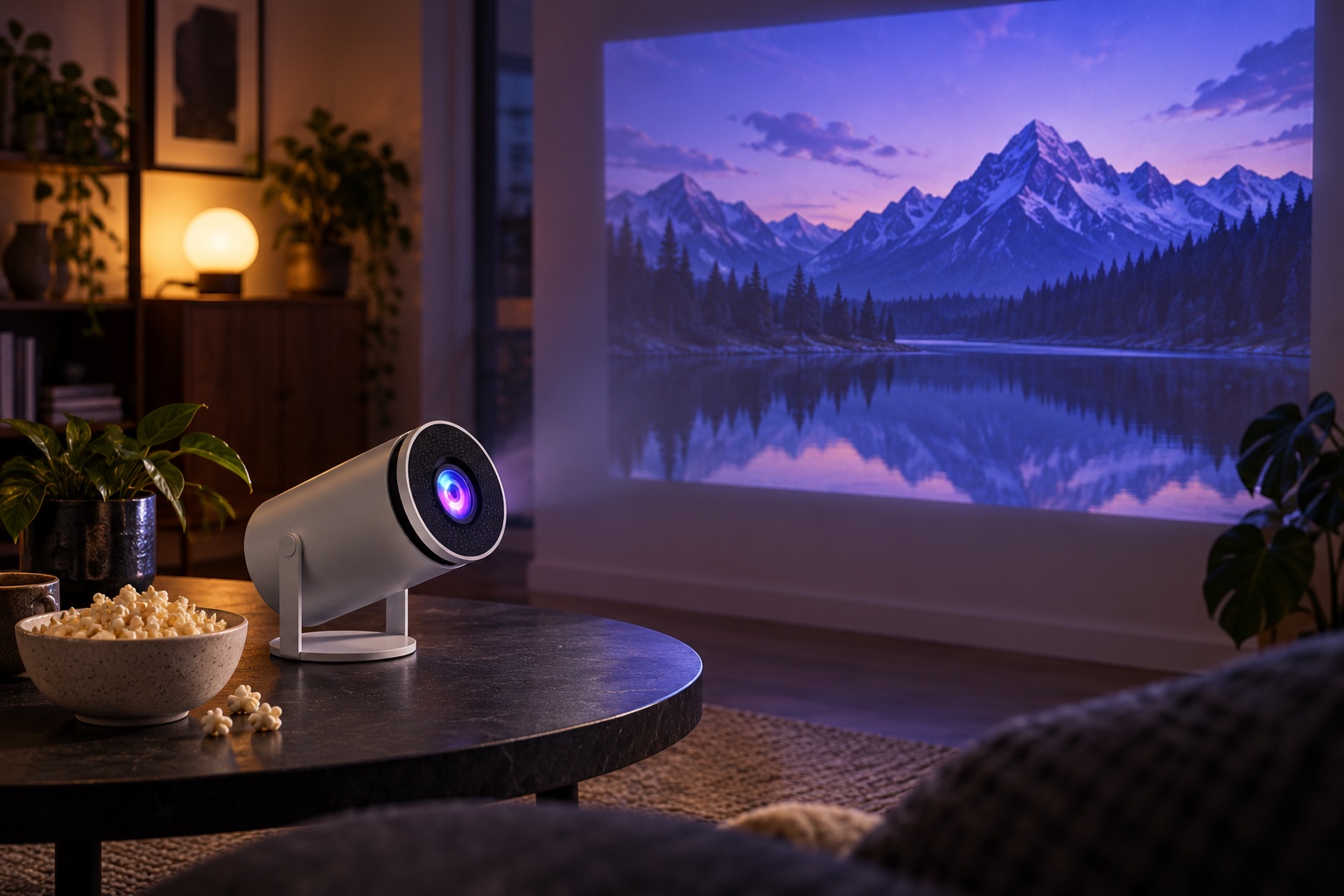 Illustrative HY300 movie-night scene with a mountain projection and popcorn